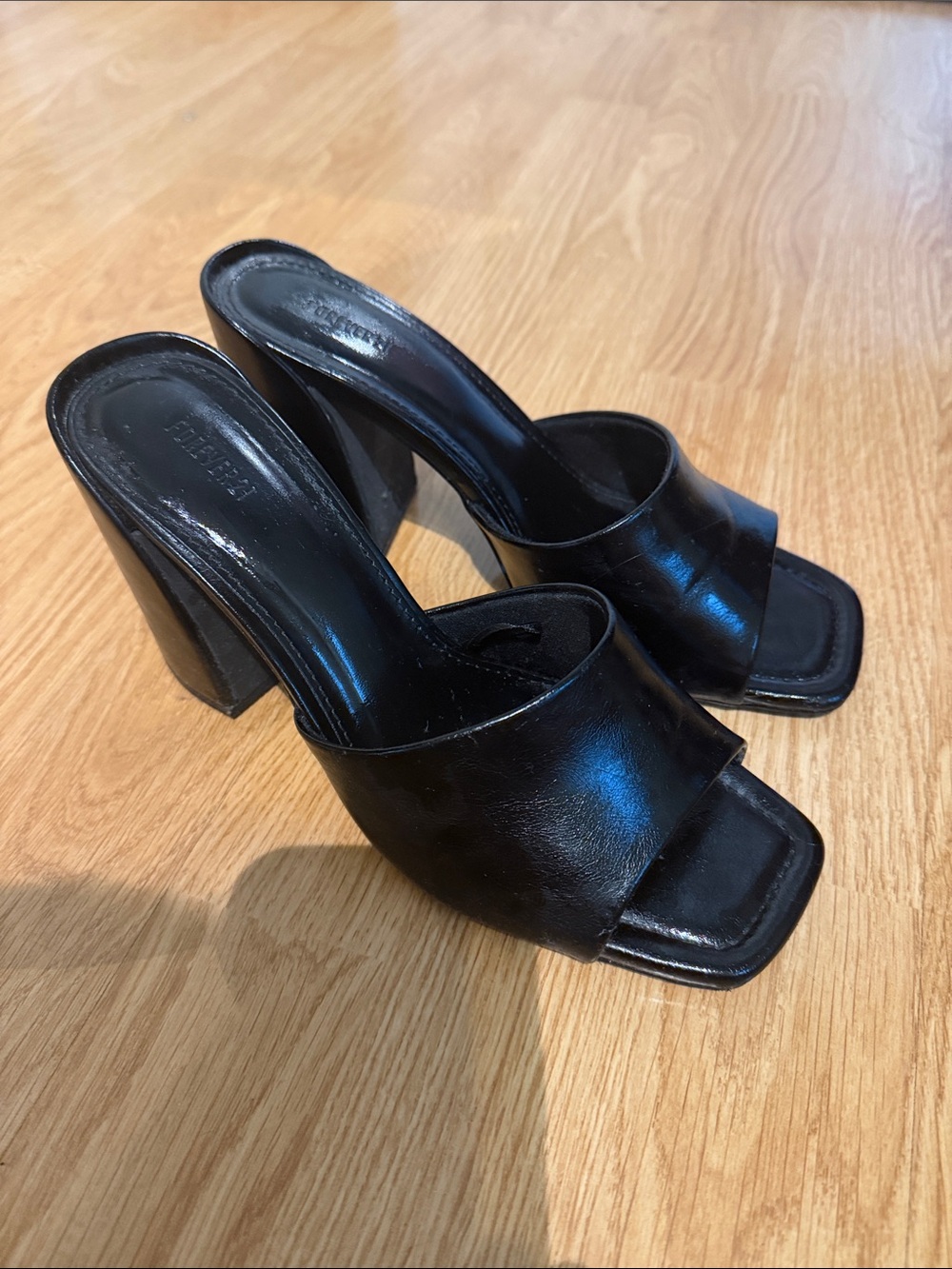 Forever 21 Black Square Toe Block Heel Slide Mules
